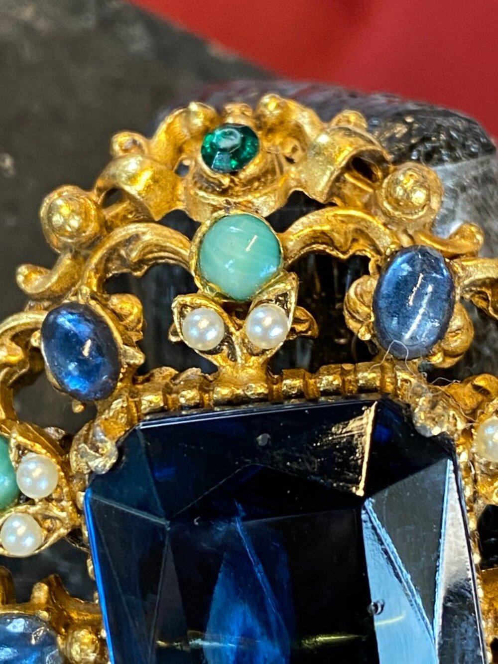 Vintage Florenza Brooch Pendant w/ Large Emerald-cut Sapphire Blue Glass Stone - Picture 3 of 14